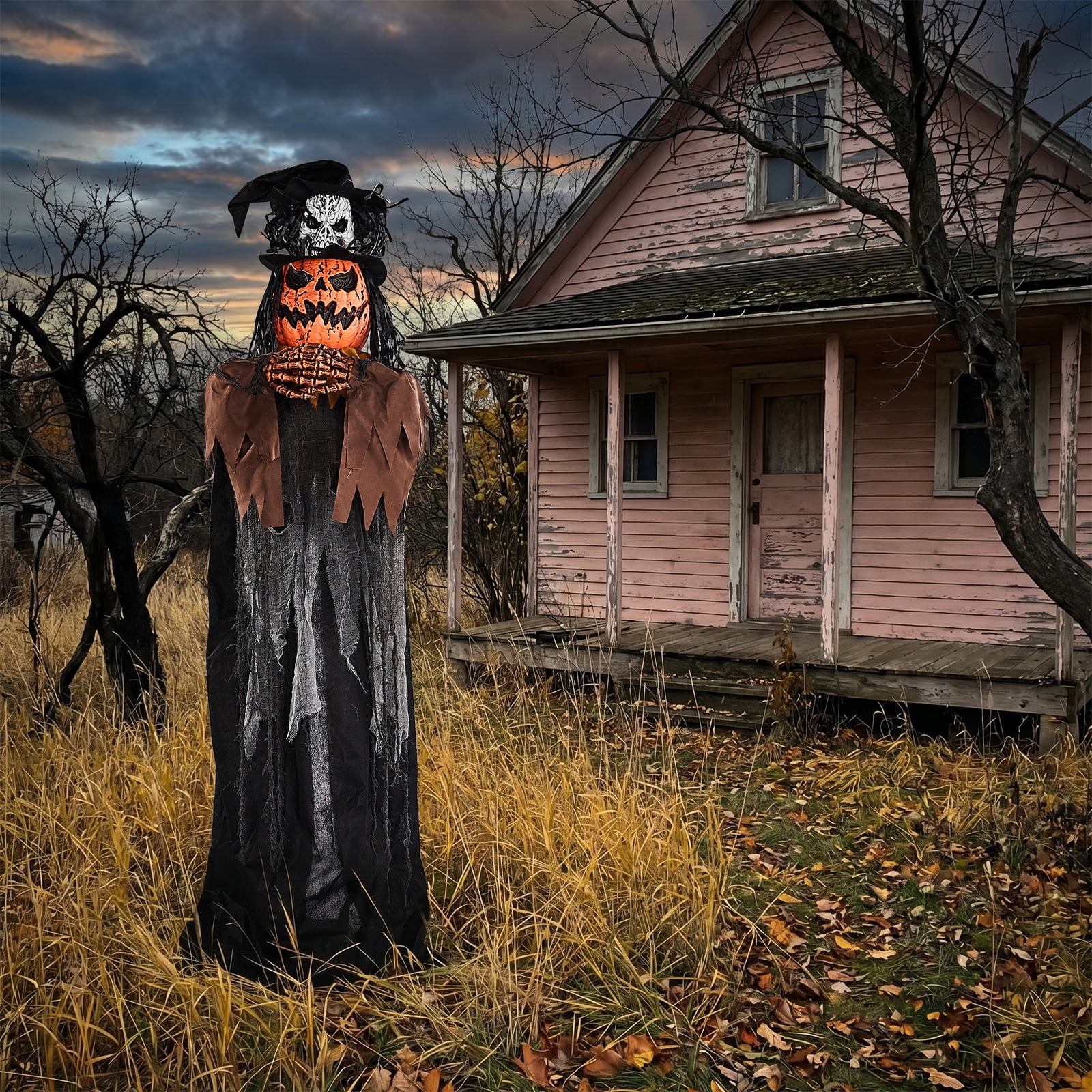 Astoutdoor 6 ft Skull Pumpkin Man Halloween Standing Decoration with Orange Light-Up Eyes, Pop-Up Skull Head, and Ghostly Sound Effects, Sound-Activated and Battery Operated