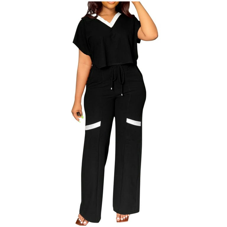 Women suits 2 piece fashion suits Women's Casual Fashion Solid Color  Short Sleeve Top High Waist Straight Leg Pants Commuting Two-piece Set  comfy style 