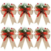 6PCS Buffalo Checkered Christmas Bows With Pinecones And Needles, Yellow Linen Ribbon Bow Decorations For Christmas Tree Wreath Garland