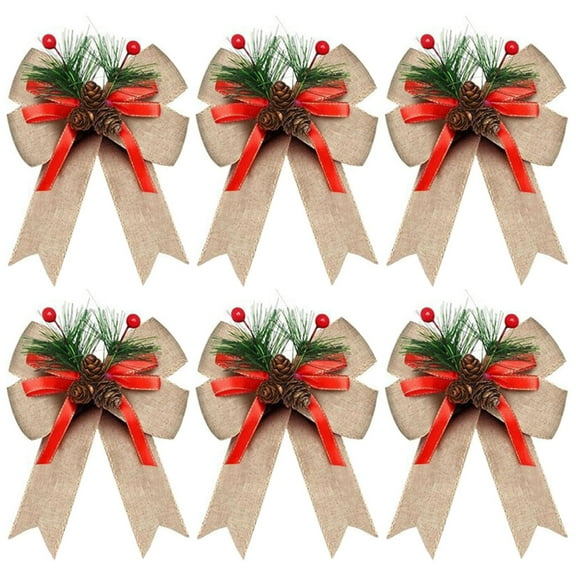 6PCS Buffalo Checkered Christmas Bows With Pinecones And Needles, Yellow Linen Ribbon Bow Decorations For Christmas Tree Wreath Garland