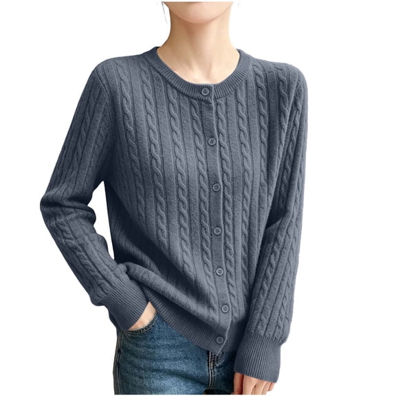 hoksml Women's Cable Knit Cardigan Crew Neck Button Down Long Sleeve Slim Fit Cotton Knit Sweater