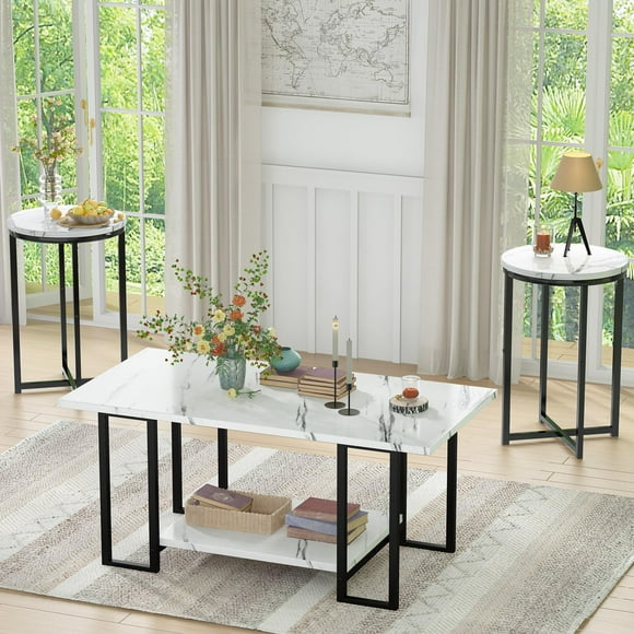 Lamerge 3 Pieces Living Room Table Set, Faux Marble Coffee Table with 2 Round End Side Tables, Coffee Table Set with Metal Frame for Apartment Home Office, White Black