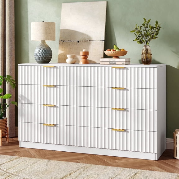 47" W White Fluted 8-Drawer Dresser with Metal Handles - Farmhouse Chest for Bedroom Living Room
