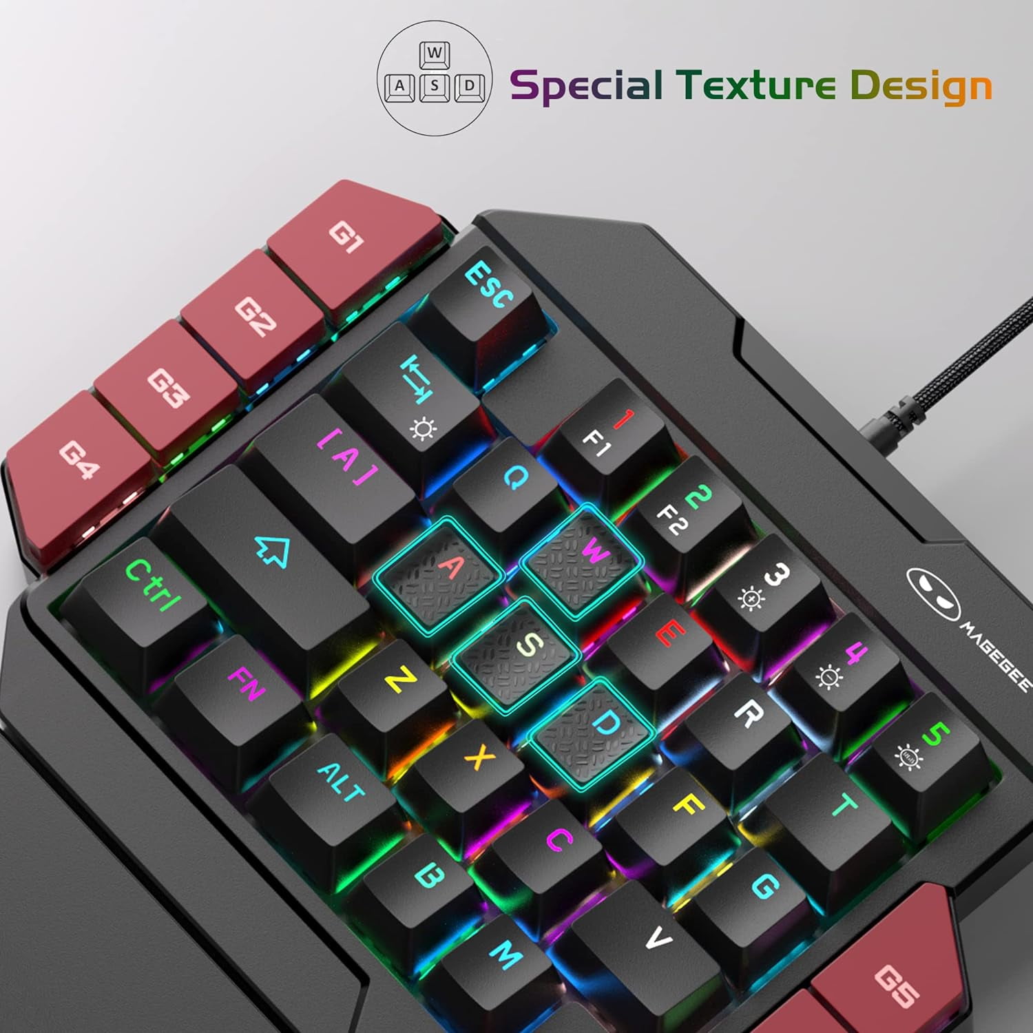 MageGee One Handed Professional Gaming Keyboard, RGB Backlit 35 Keys Mini Wired Mechanical Keyboard with Blue Switch for PC Gamer, Support 6 Macro Keys
