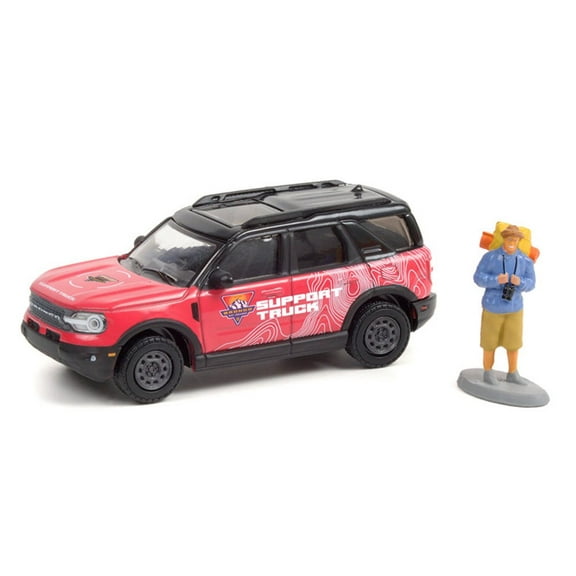 Off-Roadeo Adventure Support Truck 2021 Ford Bronco Sport Badlands with Backpacker, Red - Greenlight 97110F/48 - 1/64 scale Diecast Model Toy Car