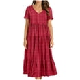 thumbnail image 2 of ClodeEU Women's Plaid V Neck Short Sleeve Midi Dress,Casual Loose Swing Dress Wine,Women's Plus XXL, 2 of 6