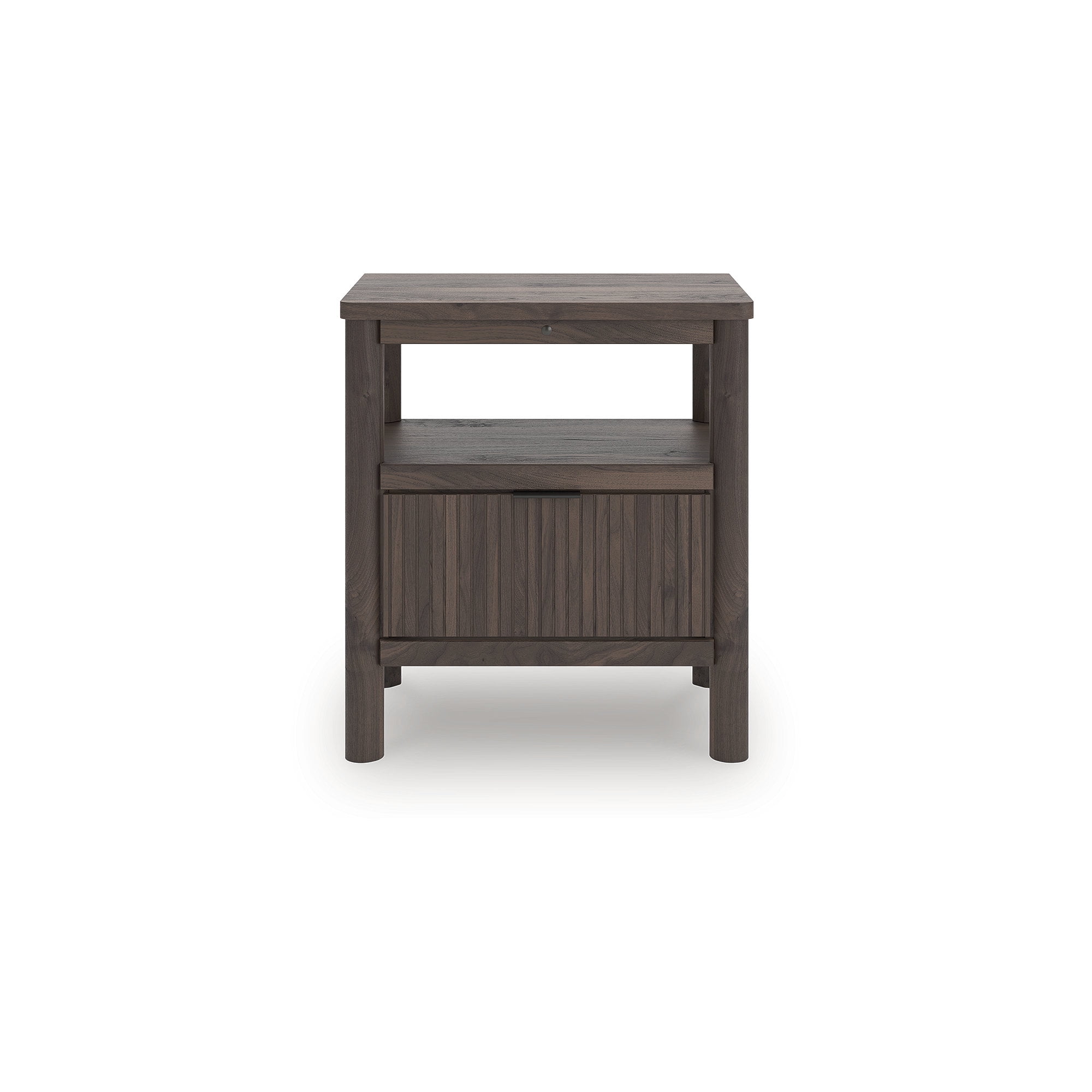 Signature Design by Ashley Cadmori One Drawer Nightstand - Rich Brown Walnut Finish, USB-A & USB-C Charging, Ambient Lighting, Reeded Accents