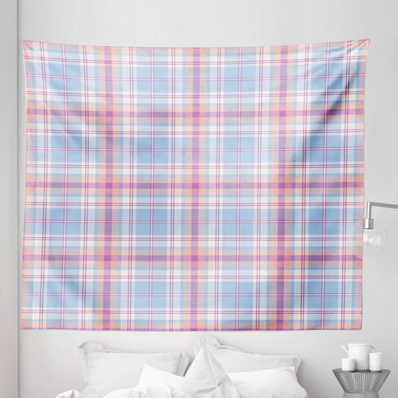 Pastel Tapestry, Old Fashioned Retro Style Classical Geometric Striped Plaid Inspired, Fabric Wall Hanging Decor for Bedroom Living Room Dorm, 5 Sizes, Fuchsia Salmon Pale Blue, by Ambesonne