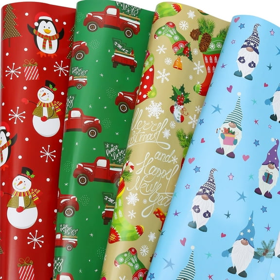 Christmas Wrapping Paper for Kids Boys Girls 8 Large Sheet Penguin, Snowman, Red Truck, Gnomes,Folded 27*36inch