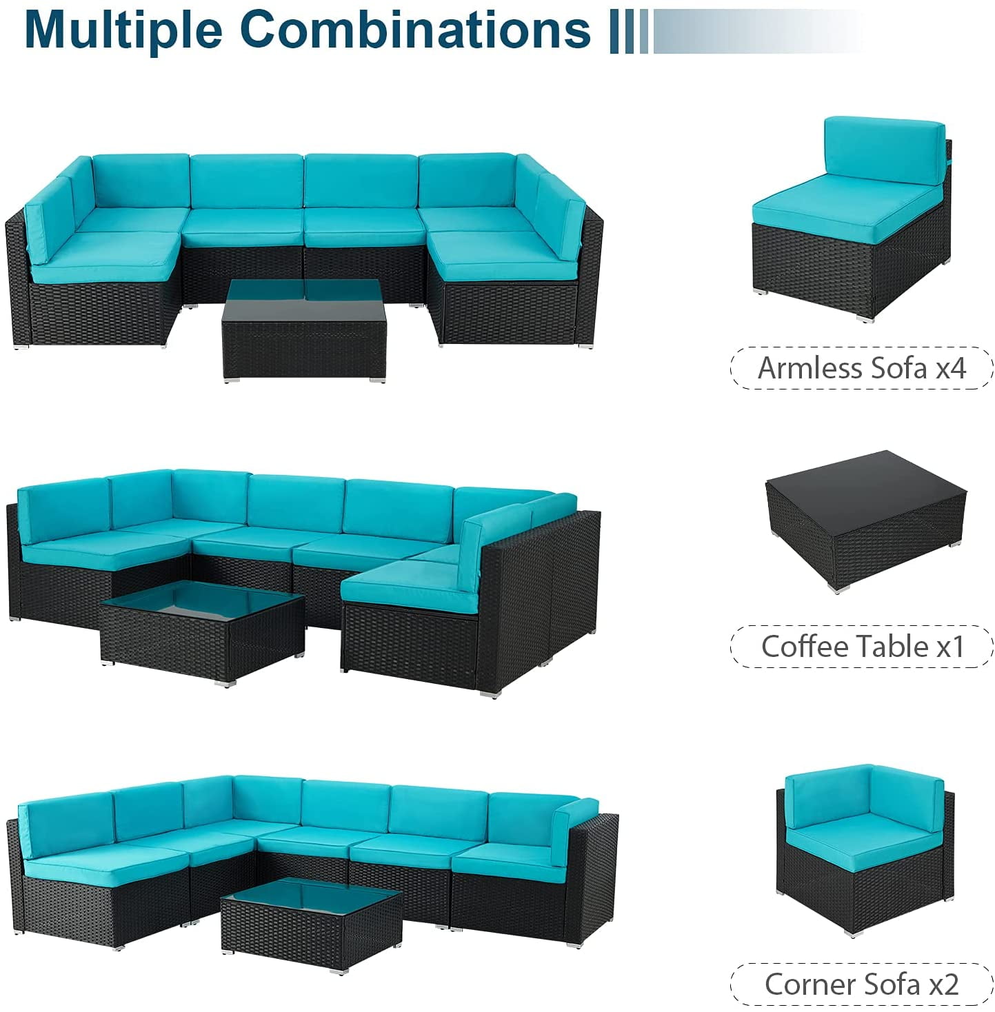 Danrelax 7 Pc Outdoor Patio Sectional Set, Blue and Black Steel with Cushions