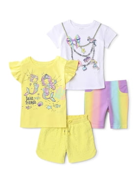365 Kids from Garanimals Girls' 4-10 Graphic T-Shirts, Bermuda Shorts and Lace Shorts, 4-Piece Mix and Match Outfit Set