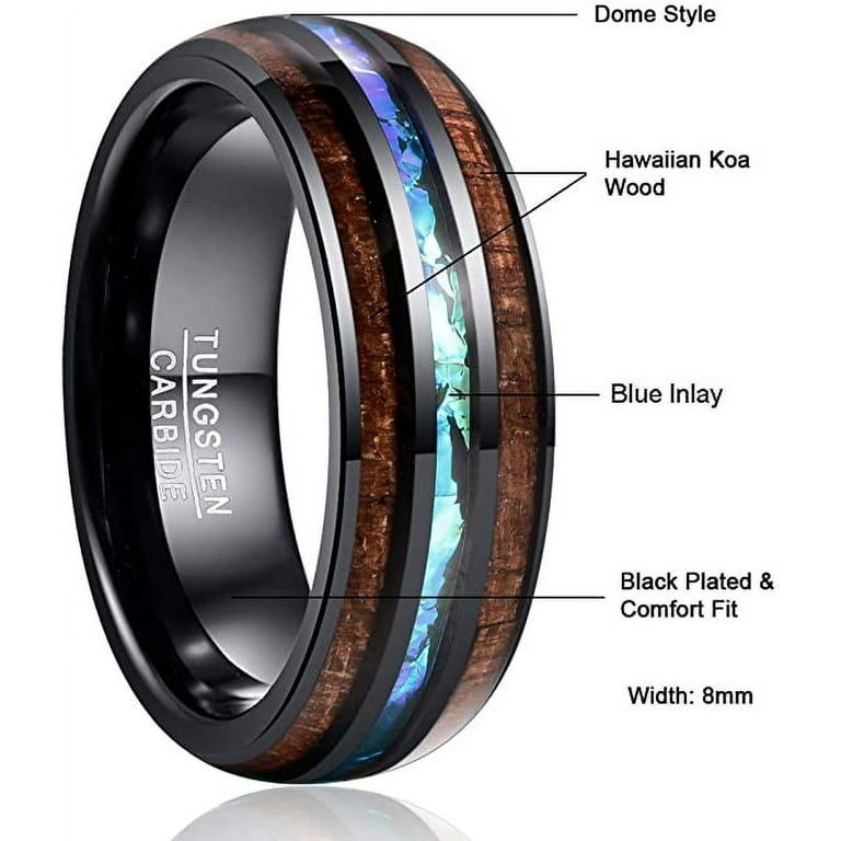 8mm Hawaiian Koa Wood Tungsten Rings Dome Abalone Shell Blue