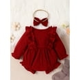 thumbnail image 3 of Wassery Baby Girls Jumpsuits Long Sleeve Crew Neck Bow Bodysuits with Headband Infant Spring Fall Casual Romper 0-24M, 3 of 8