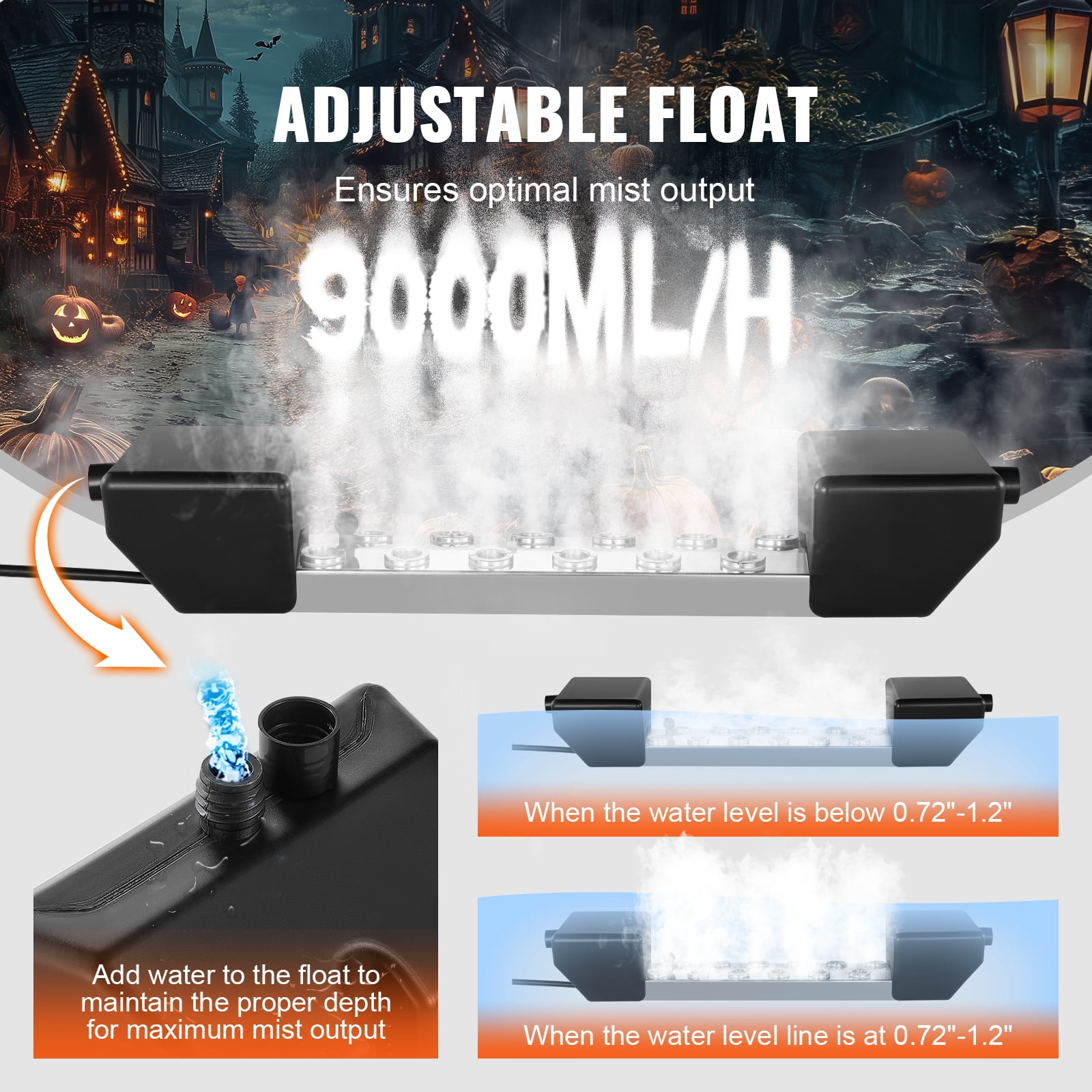 KFFKFF Ultrasonic Fog Generator, 12-Head, 9L/H Output, Includes 300W IP67 Water-Resistant Power Unit, Float, Spare Discs, Ideal for Ponds, Gardens, Rockeries, Greenhouses, Halloween Decor