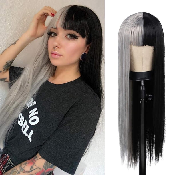 Peluca Kaneles, mitad gris, mitad negra, pelo largo y liso para mujer