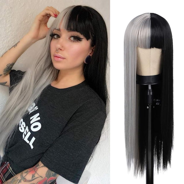 Peluca Kaneles, mitad gris, mitad negra, pelo largo y liso para mujer