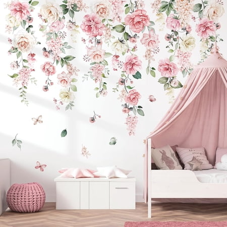 Pink Flowers Wall Decals Hanging Vine Floral Wall Stickers (XL) | Peel and Stick, Removable, Wall Art Decals, Wall Decoration, Living Room, Girls Bedroom Baby Nursery Playroom Decor
