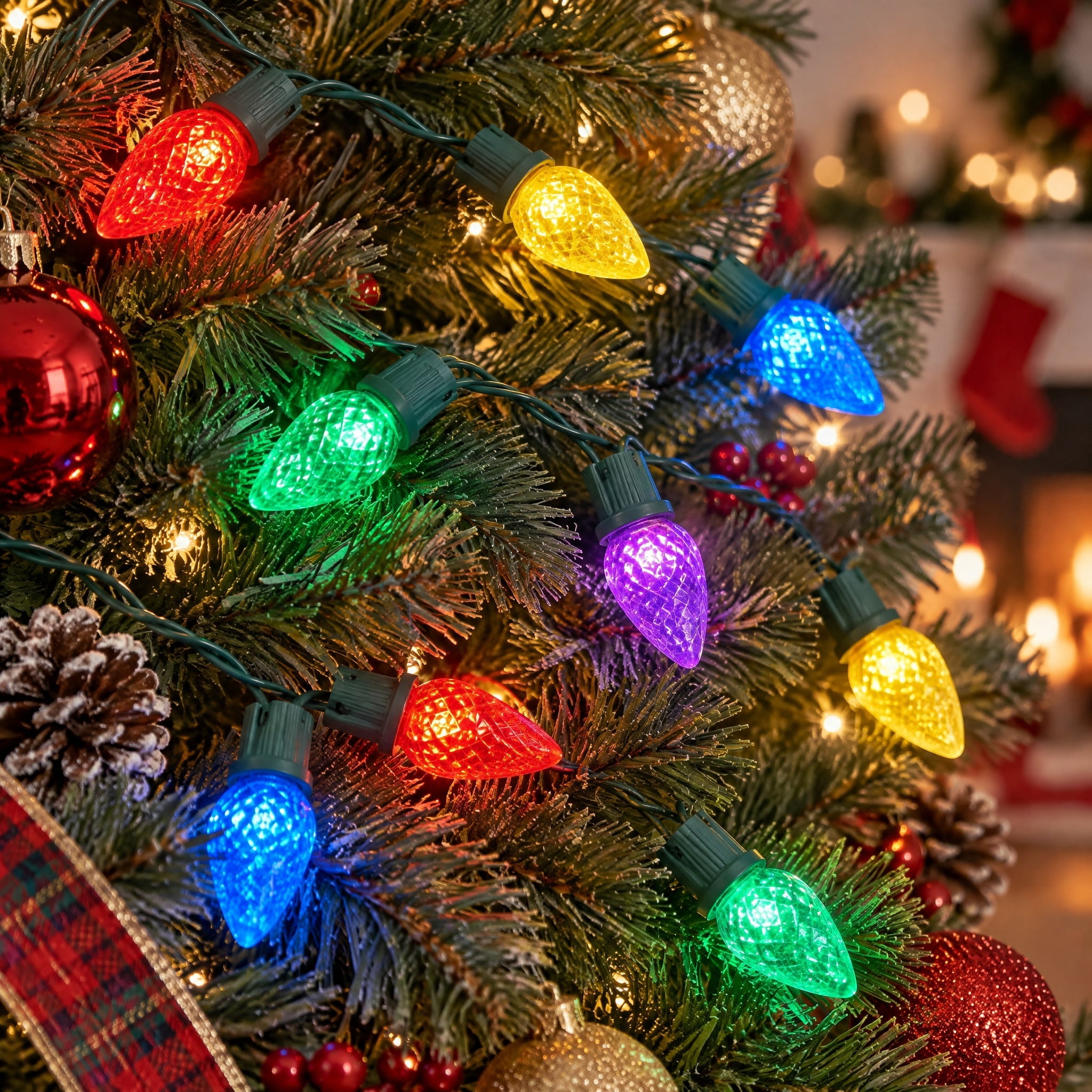 Indoor 20-Count Battery-Operated LED Diamond-Cut C3 Christmas String Lights, Multicolor, Green Wire, 6.33', by Holiday Time