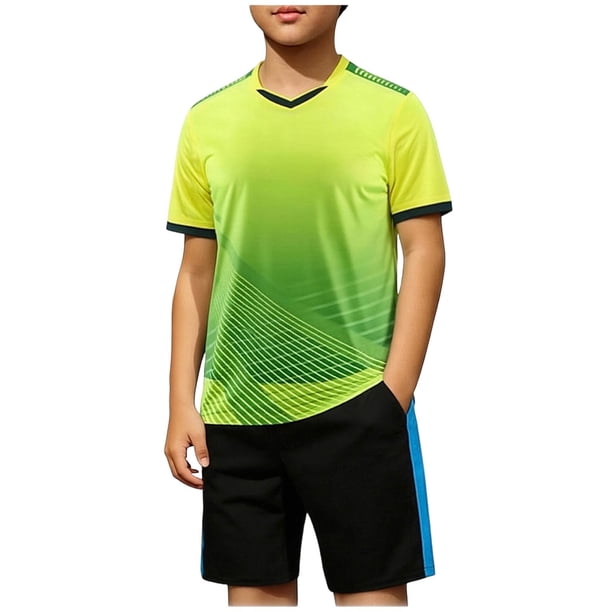 Odeerbi Niños Niñas Rápido Seco Juego de Entrenamiento de Fútbol Gradiente Geométrico Cuello En V Camiseta Shorts Conjunto Atlético Para 5-17 Años