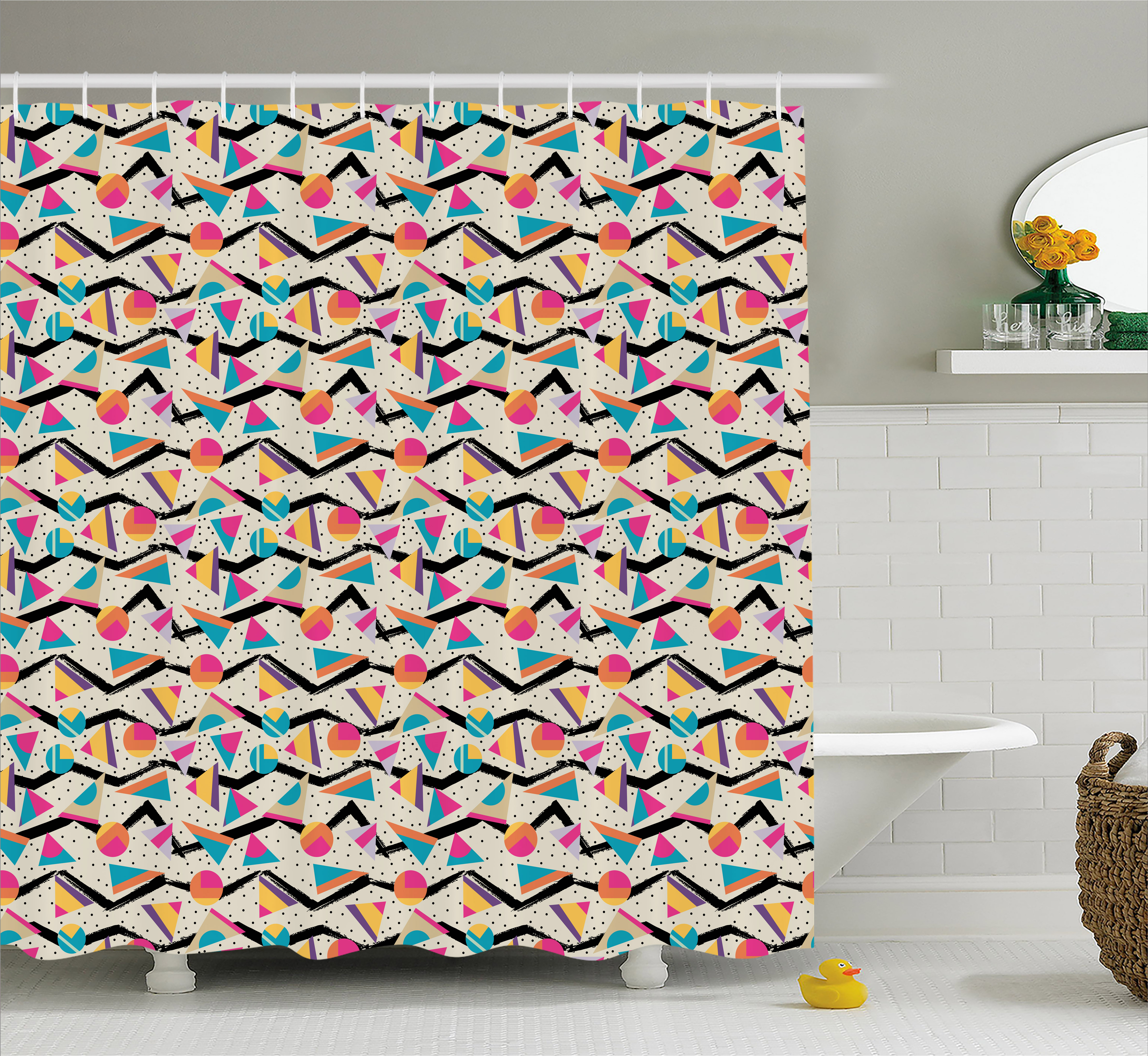 Vintage Shower Curtain, Vintage 80s Style Geometrical Pattern with