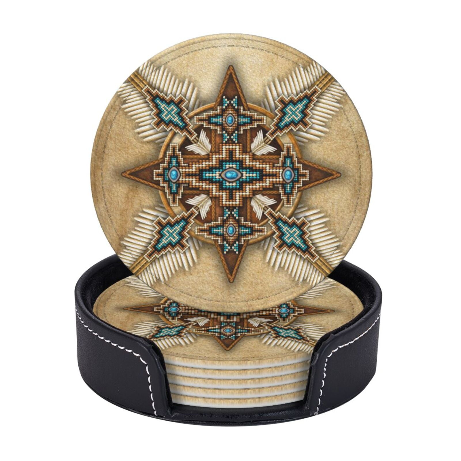 LNWH Coasters, Southwest America Native Arrows Leather Round Coasters