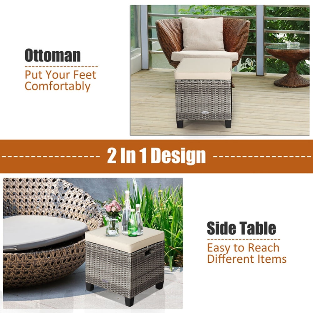 Aimee Lii 2 Pieces Patio Rattan Ottoman Seat with Removable Cushions, Outdoor Patio Furniture Set, Beige