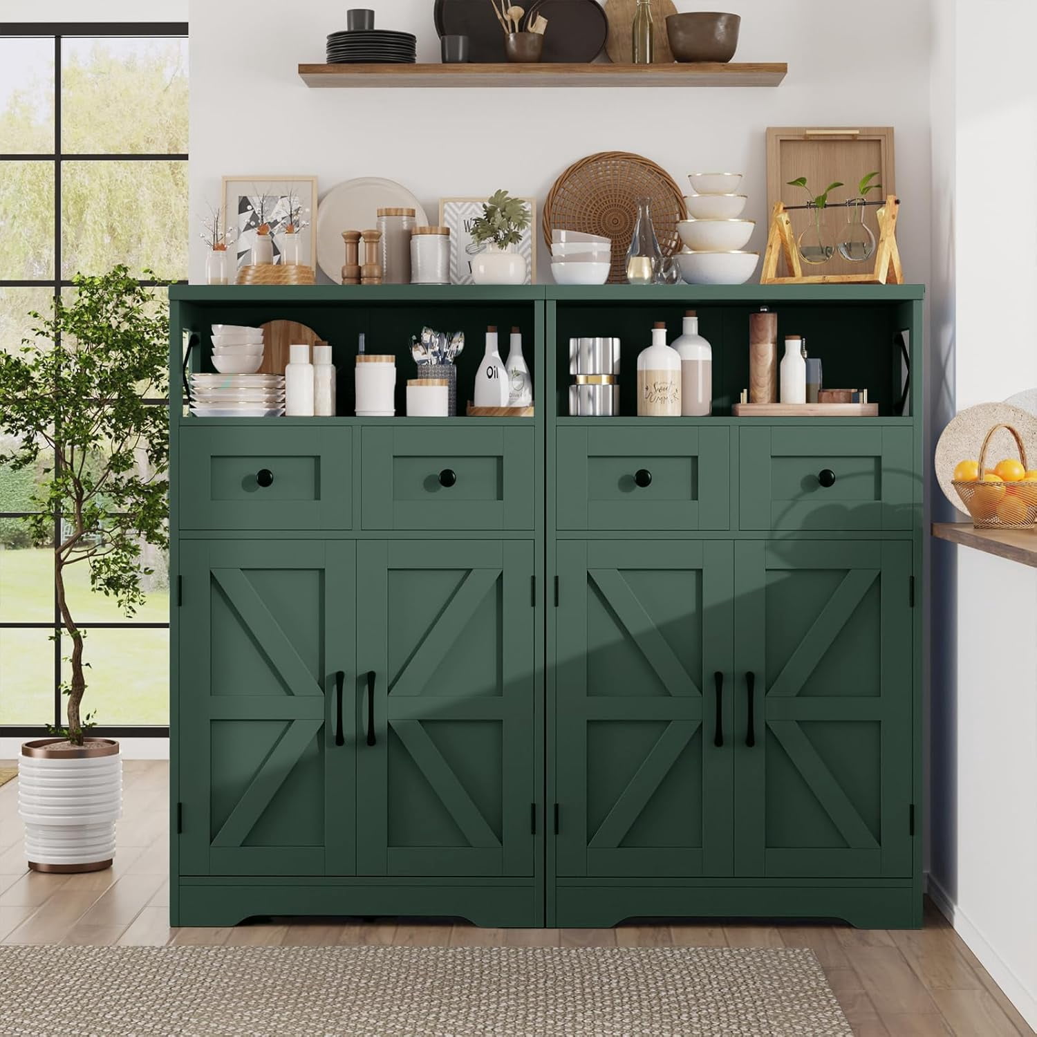 Farmhouse Dark Green Storage Cabinet with Barn Doors and 2 Drawers, Small Freestanding Kitchen Pantry Cabinet, Floor Storage Cabinets Hutch Cupboard for Kitchen/Laundry/Living Room/Bedroom