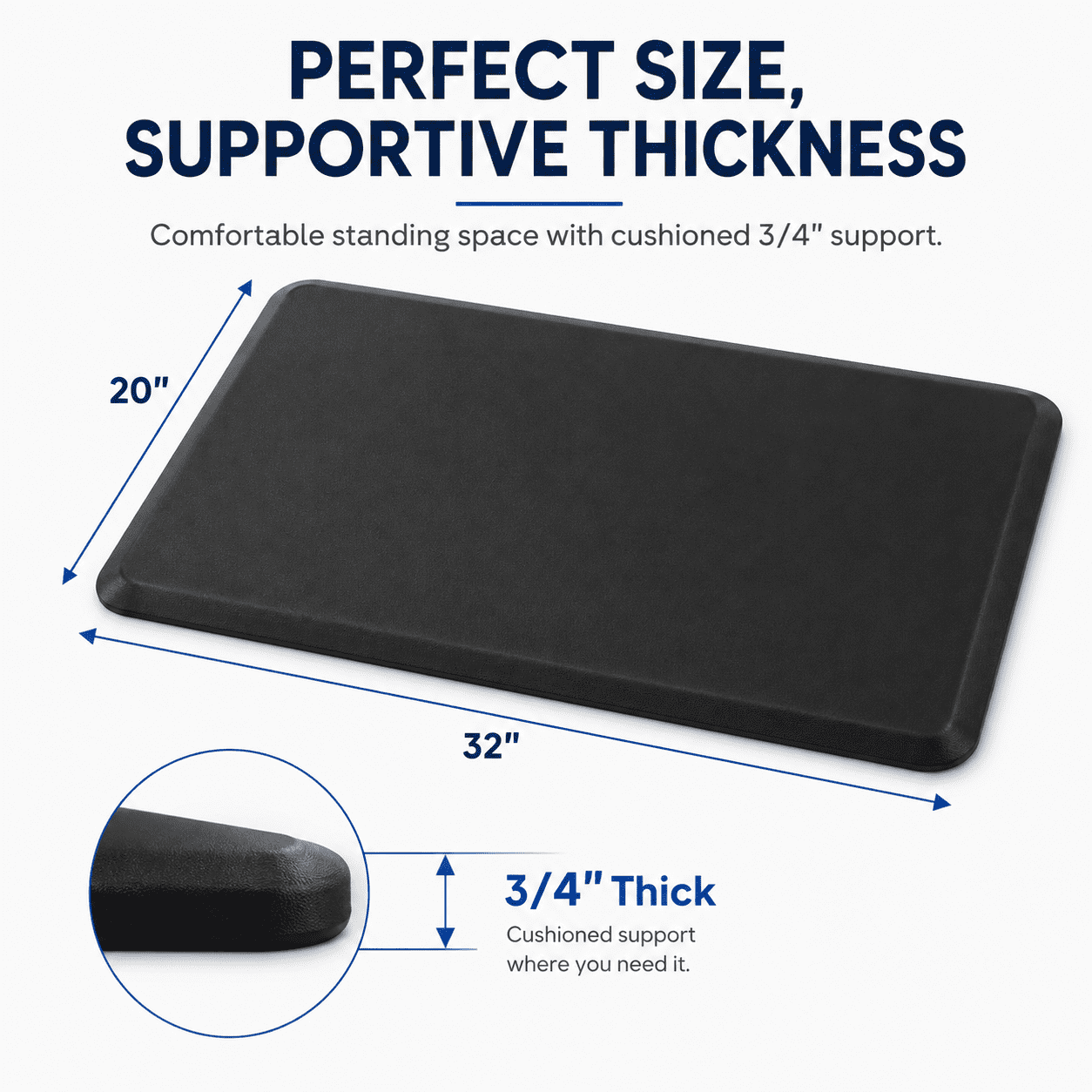 Yeslife Anti-Fatigue Kitchen Mat, 20" x 32", Black PVC, 3/4" Thick Waterproof Cushioned Non-Slip Floor Mat for Kitchen, Office, Desk, Garage & Home