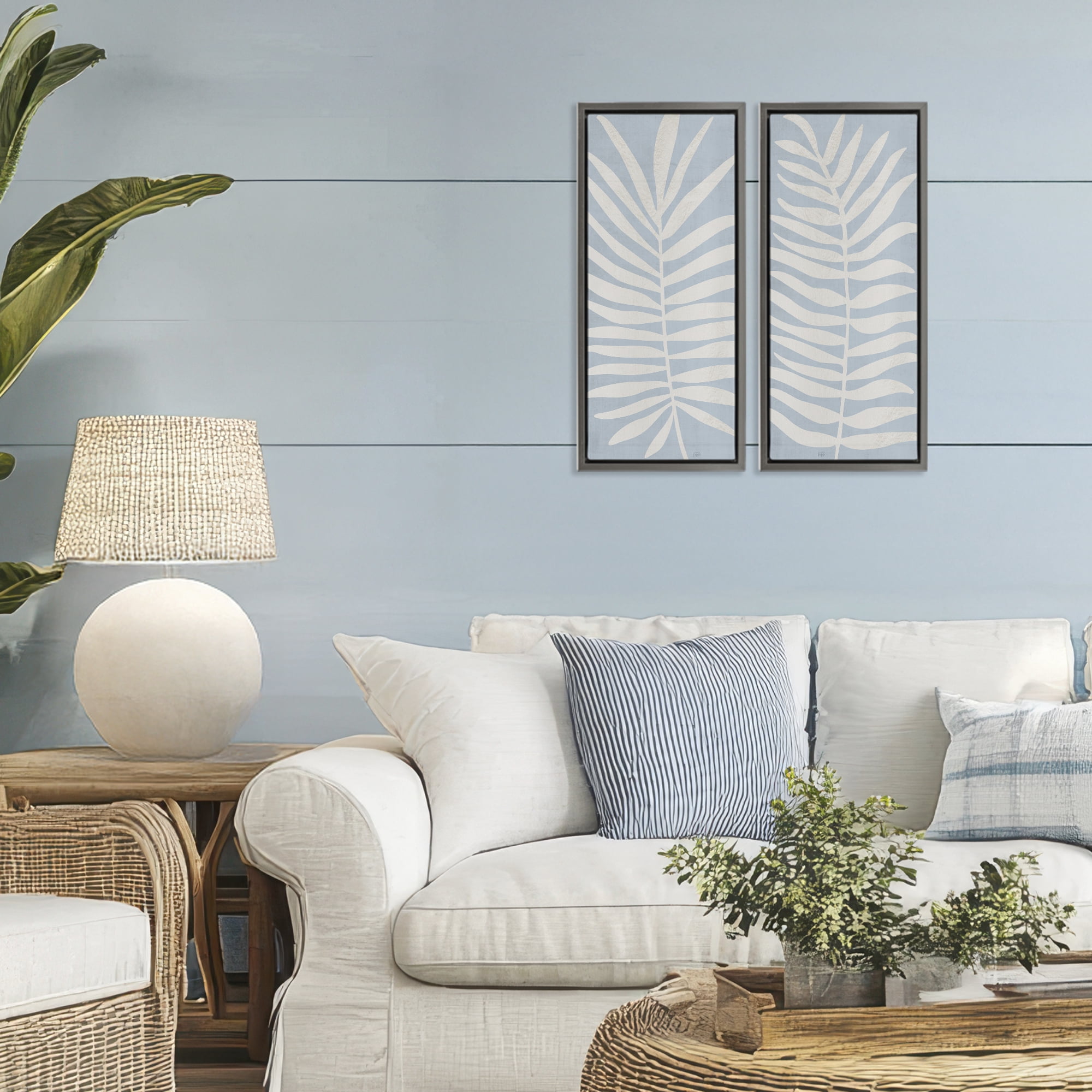 Stupell Industries Soft Palm Leaf Pair 2 Piece Gray Framed Floater Canvas Set, design by Natalie Carpentieri