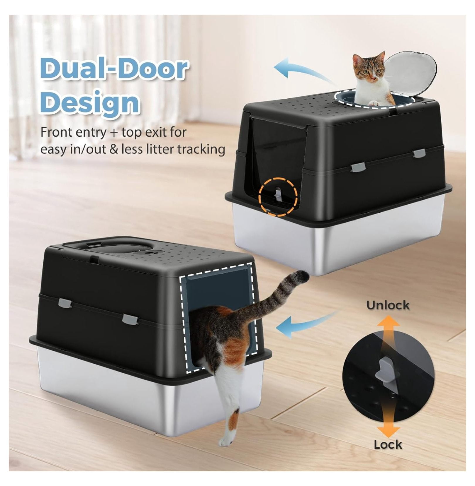 Stainless Steel Cat Litter Box XYT XL Extra-Large Enclosed Black For Big Cats Anti-Leakage With Dual Entry Pan