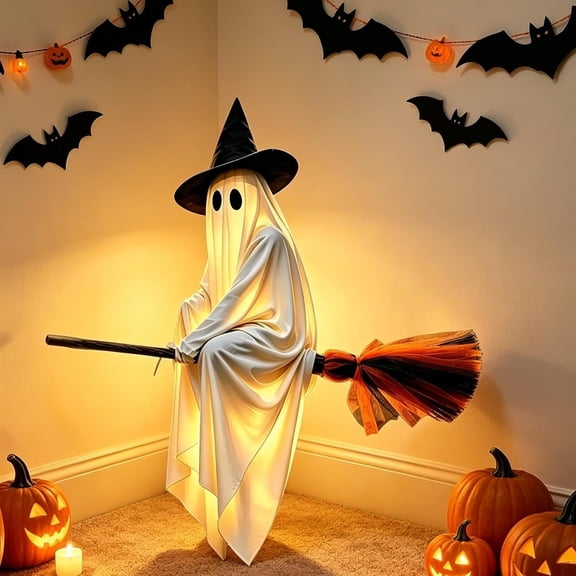 3.6FT Large Hanging Flying Ghost Halloween Decorations with Witch Broom, 2026 Halloween Lighted Decorations for Lawn Patio Porch Backyard Front Yard Haunted House