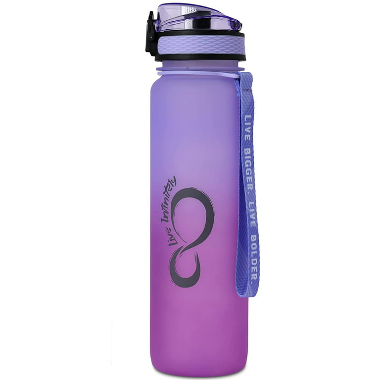 Live Infinitely Gym Water Bottle with Time Marker Fruit Infuser and Shaker 34 oz Lilac, Size: 34oz, Purple