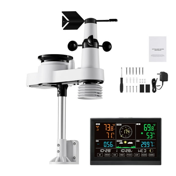 KFFKFF 5-in-1 Wireless Weather Station with 7.5-Inch VA Display, Solar-Powered Outdoor Sensor, Rain Gauge, and Indoor/Outdoor Monitoring for Weather Forecast, Temperature,Humidity,Wind Speed(No WiFi)