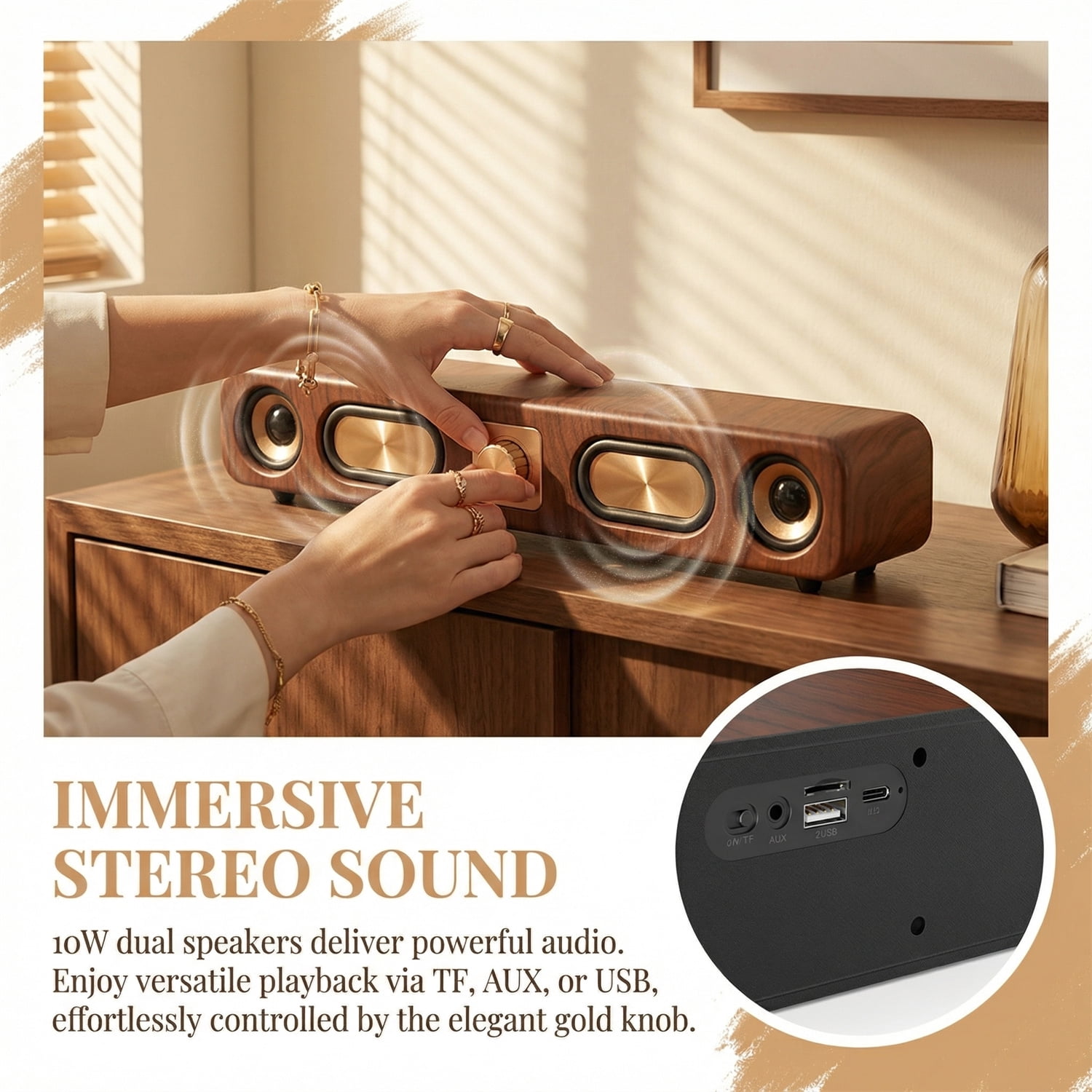 RIDWIND Retro Wood Bluetooth Speaker, Portable Mini Wireless Speaker, Vintage Wooden Speaker with 10W Stereo Sound, Perfect for Cafes, Restaurants, Vintage Cloth Stores, Bedroom,Brown