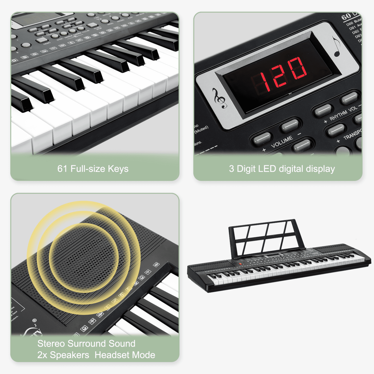 Hassch 61 Key Keyboard Piano for Beginners w/Stand Bench, Built-In Speakers, Headphone, Microphone, Music Rest, LED Screen, 3 Teaching Modes, Black