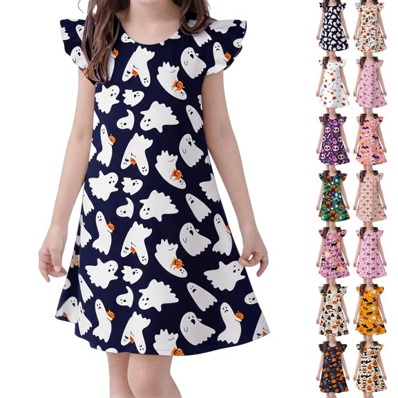 LRen Girls Halloween Dress, Kids Ghost Pumpkin Print Holiday Clothes, Soft Flutter Sleeve Halloween Dress for Kids Girls