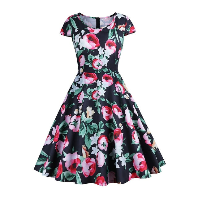 EGNMCR Robes de Soirée pour Femmes, Robes Formelles pour Femmes, Robes de Cocktail pour Femmes à Manches Courtes à Col Rond Robe d'Été pour Femmes à la Mode à Manches Courtes à Col Rond Robe Vintage à Imprimé pour Femmes