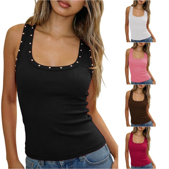 Gyujnb Women Lightweight Slim Fit Square Neck Metal Stud Sleeveless Tank Top for Daily Going Out,XL