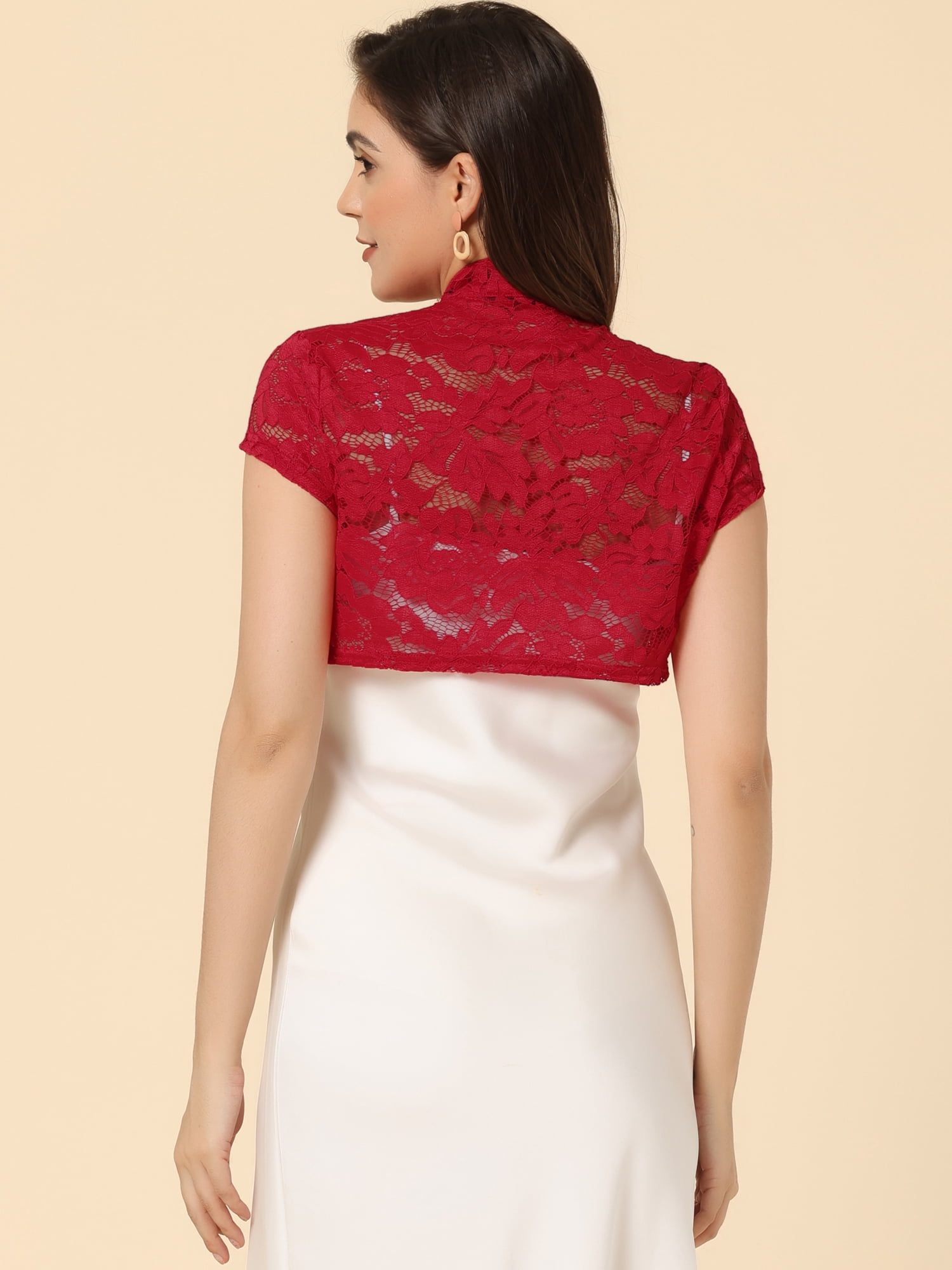 DARING DIVA Lace Cardigan Stand Collar Short Elegant Shrug L Red