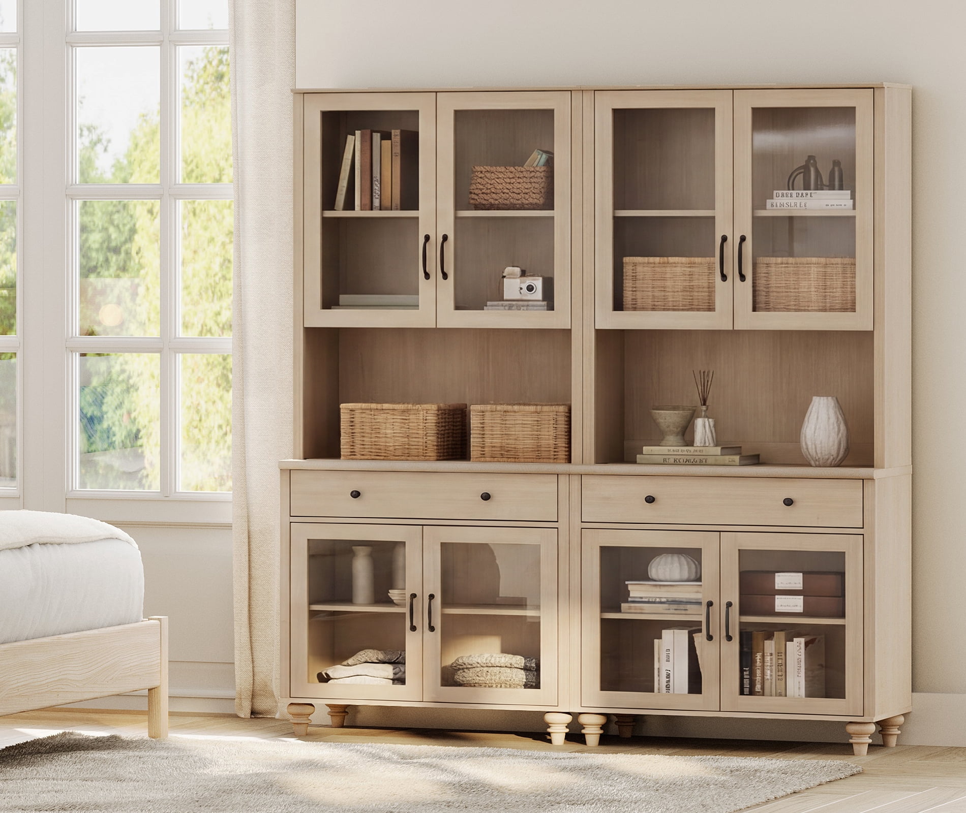72.1"H × 67.7"W Bookcase with Glass Doors and Drawer, Large Farmhouse Bookcase with Bar Hutch, Suitable for Living Room, Bedroom, Home Office & Kitchen, Beige