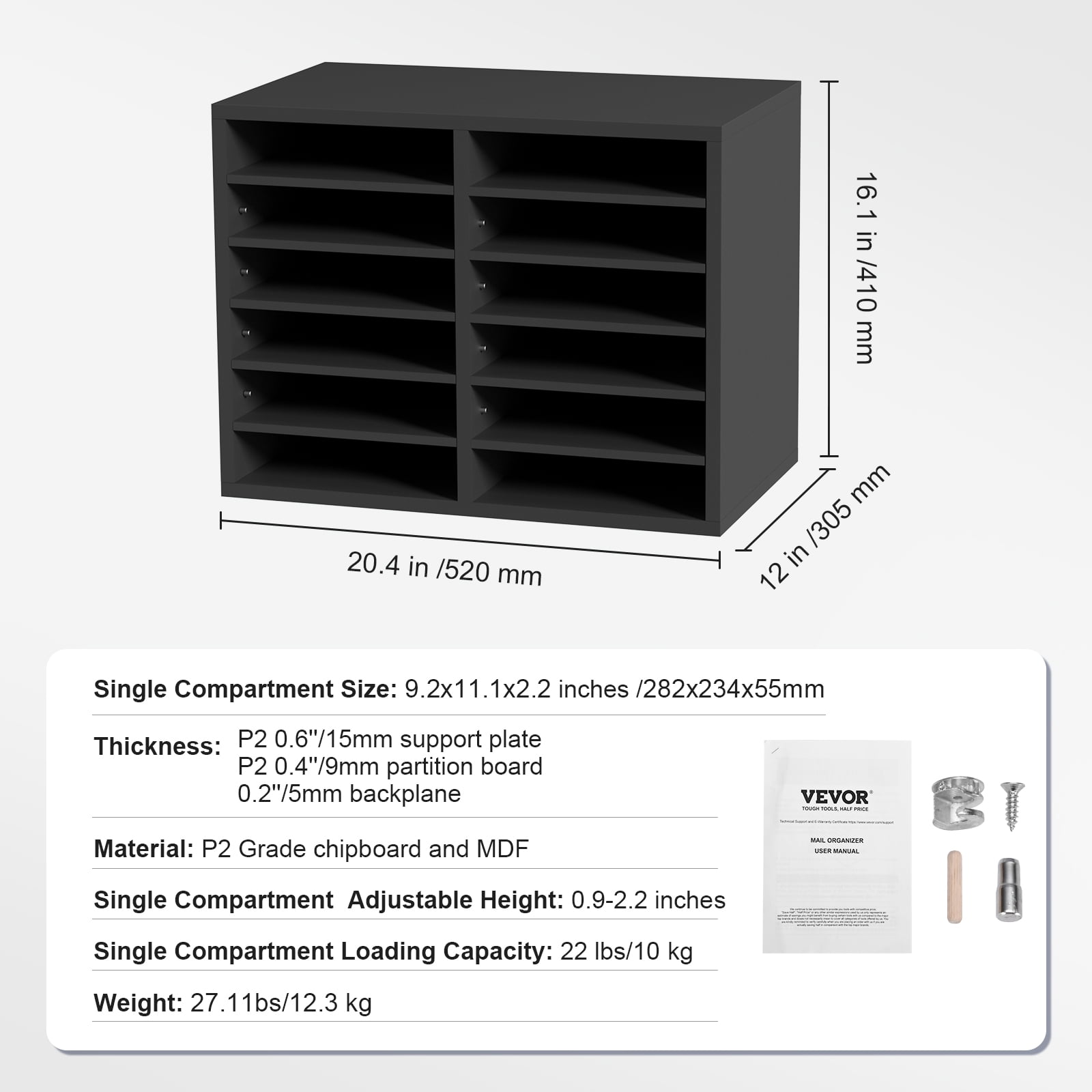 VEVOR Wood Literature Organizer Adjustable File Sorter 12 Compartments Countertop Literature Organizer Paper Storage Holder Gray