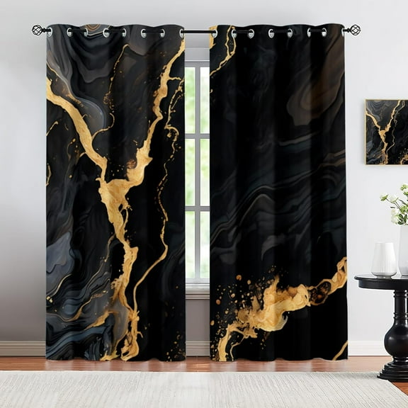 Black Gold Cracks Grommet Window Curtains, Abstract Marble Window Curtain Home Decor, Nordic Light Luxury Polyester Eyelet Drapes For Living Room Kitchen 38"W x 54"L (Pack of 2)