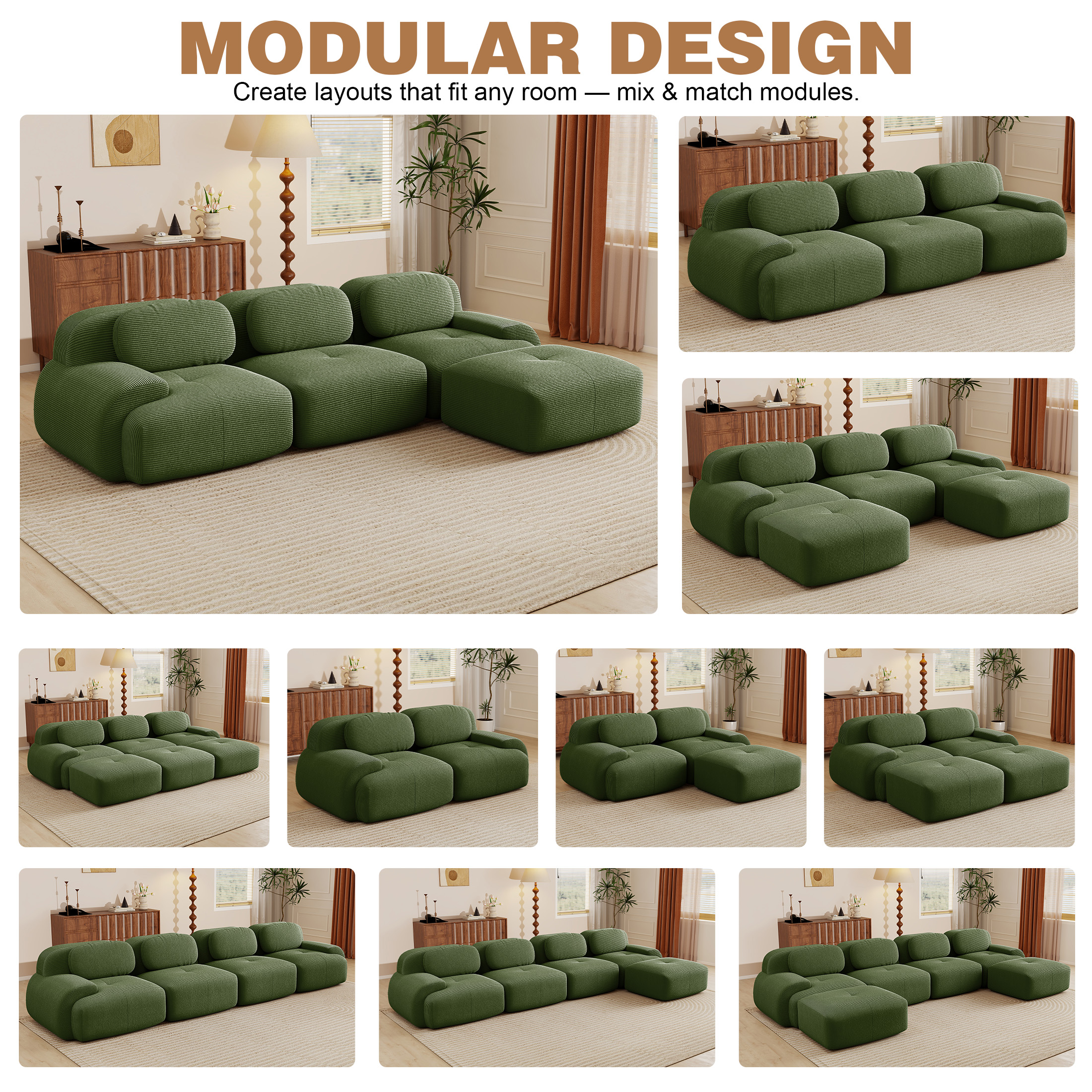Aukfa 118" L-Shaped Modular Sofa, Oversized 3-Seater w/ Deep Seat, Ottoman, Corduroy, No Assembly, Green