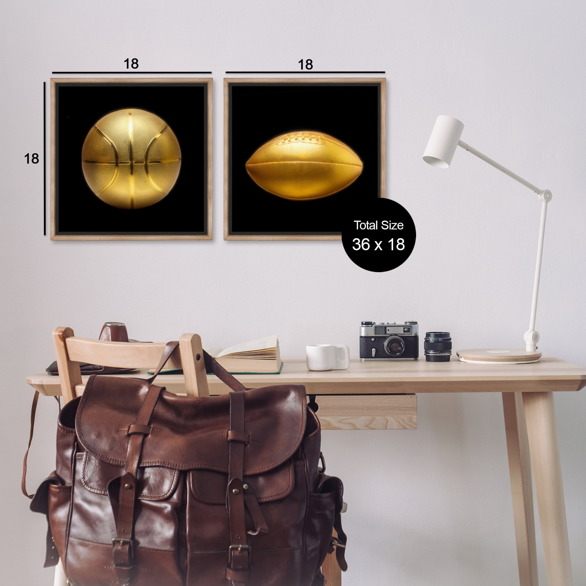 Stupell Industries Golden Designer Sports Balls Sports Painting Brown Floater Framed Canvas Art Print Wall Art, 18 x 18, Set of 2
