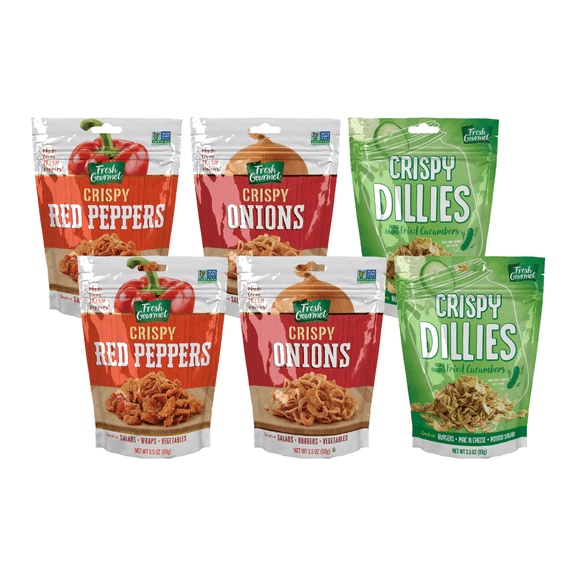 Fresh Gourmet Lightly Salted Crispy Onions, 3.5 oz, Crispy Red Peppers, 3.5 oz, Crispy Dillies, Pickle Flavored, 3.5 oz Variety Pack