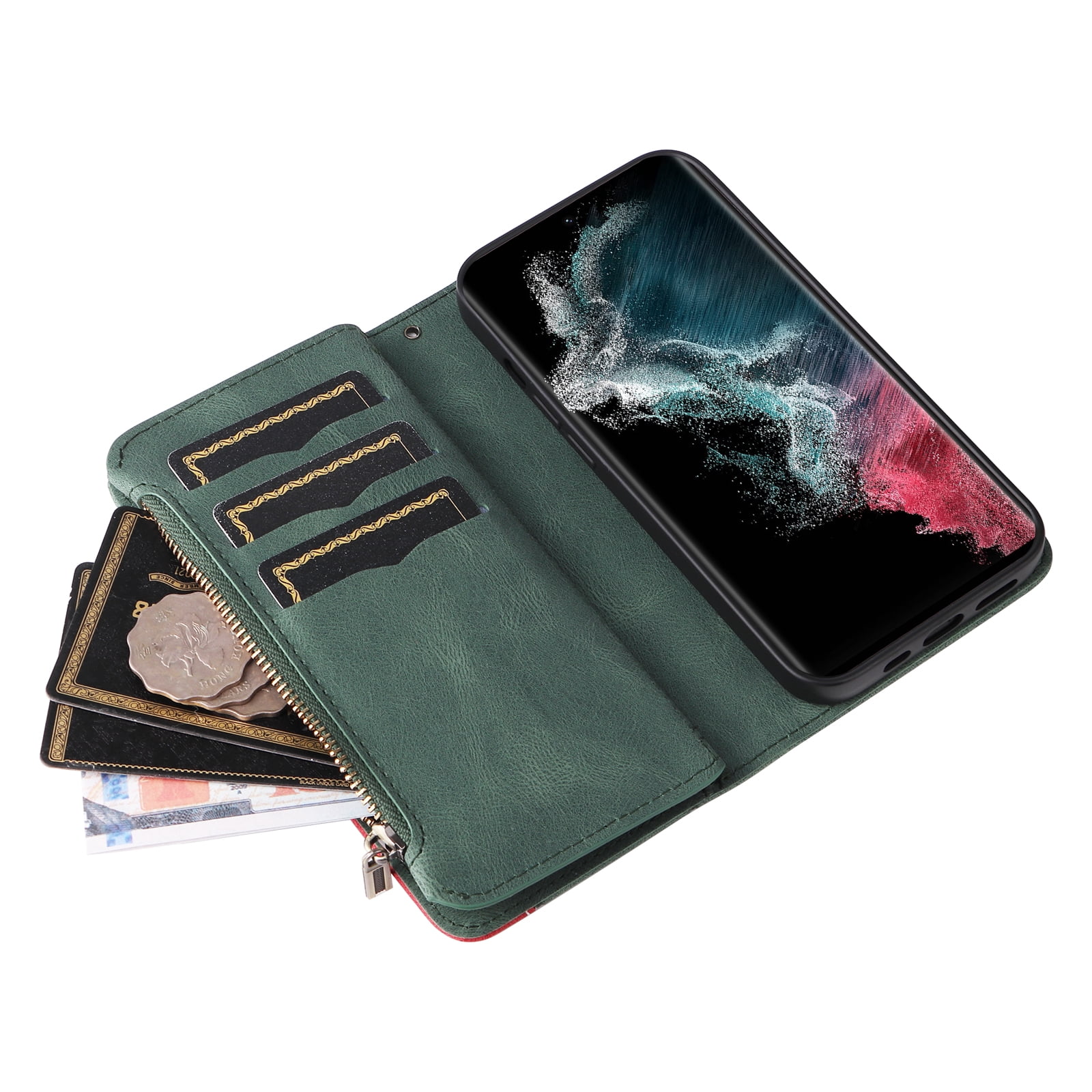 Dteck for Samsung Galaxy S23 Case 2023 6.1 Inch Wallet with 9 Card Slots, Zipper Pocket PU Leather Folio Flip Phone Case with Wristlet Strap for Samsung Galaxy S23 5G,Green