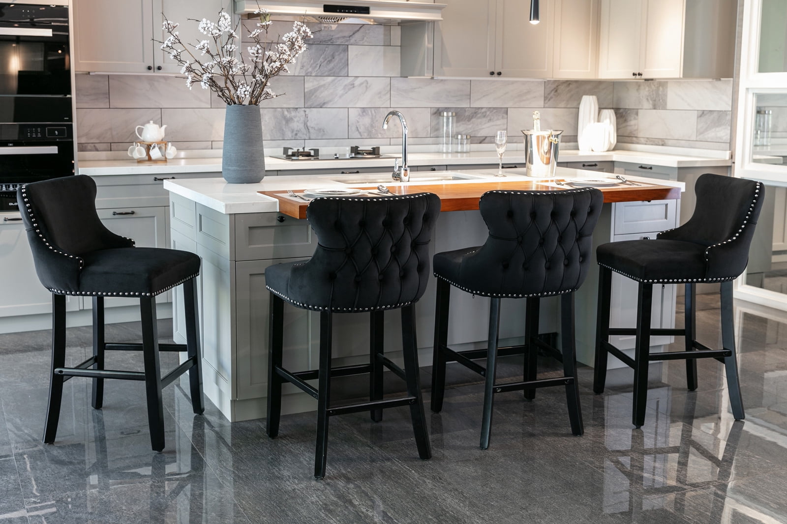 27" Padded Bar Stools, Tufted Velvet Upholstered Wing-Back Barstools with Nailhead Trim, Footrest and Solid Wood Legs, Comfy Button Tufted Counter Height Chairs Kitchen Chairs (Black,Set of 2)