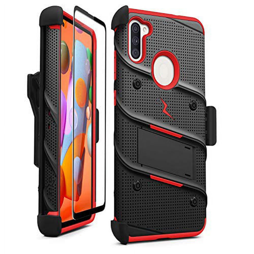 Zizo Bolt Series Samsung Galaxy A11 Case with Screen Protector Kickstand Holster Lanyard - Black & Red