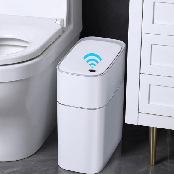 Bote de Basura Cocina Baño,14L/3.8Galón Automático Bote de Basura con Tapa Inteligente,Resistente al Agua,Blanco Delgado Angosto Botes de Basura para Baño c