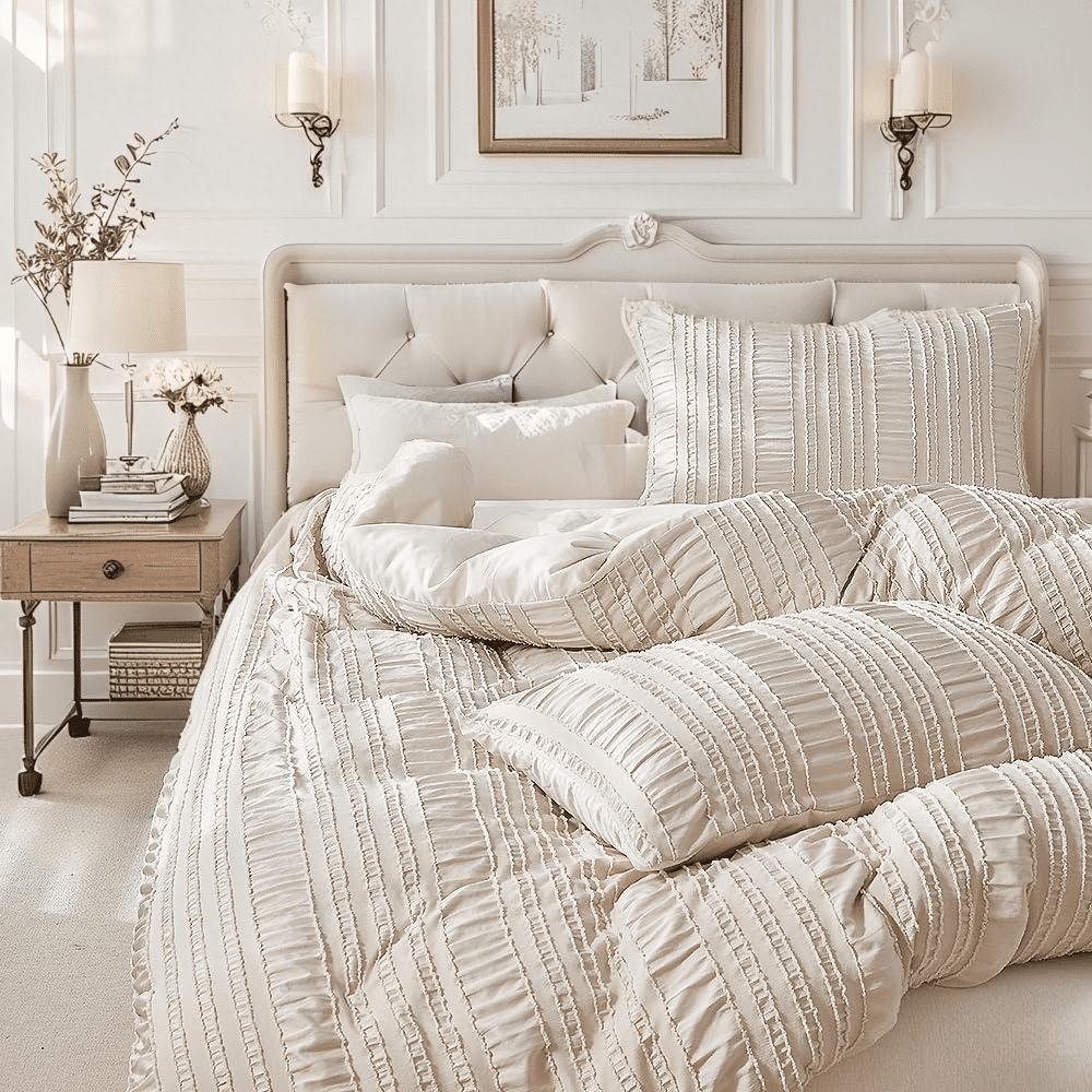 JOLUSERE Khaki Duvet Cover King Sets, 3 Pieces Soft Breathable Striped Textured Comforter Cover Set